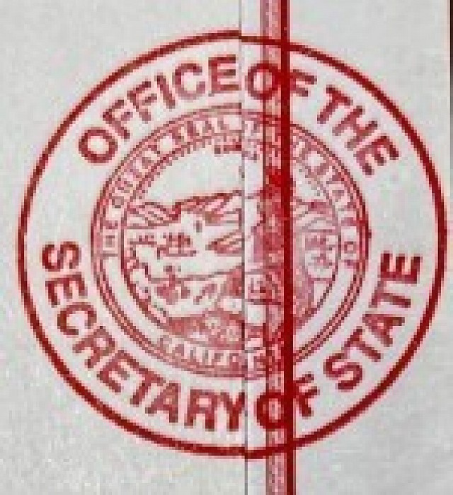 California Secretary of State apostille seal placed half on the certificate and half on the document