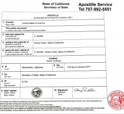 This is how an apostille look like. When you request an apostille, a letter size page is  attached to your documents. This California certificate makes your documents legal and can be used in any country member of the Hague Convention