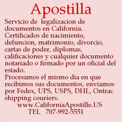 Apostilla es una certificacion que viene engrapada a sus documentos dandole un caracter legal que puede utilizarse en paises miembros del convenio de la Haya para la legalizacion de documentos.  Actas de nacimiento, certificado de matrimonio, defuncion, divorcios, diplomas, carta de poder, y cualquier documento firmado y sellado por un notary public del estado de California.