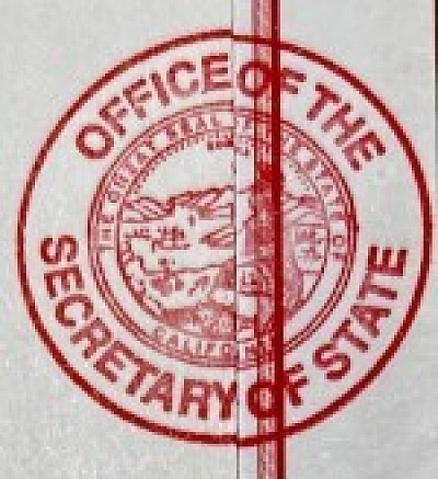 California Secretary of State Apostsille Seal is placed half on the government certificate and half on the document being legalized(birth, marriage, death certificates, divorce decrees, or any notarized document, power of attorney, corporation documents etc.