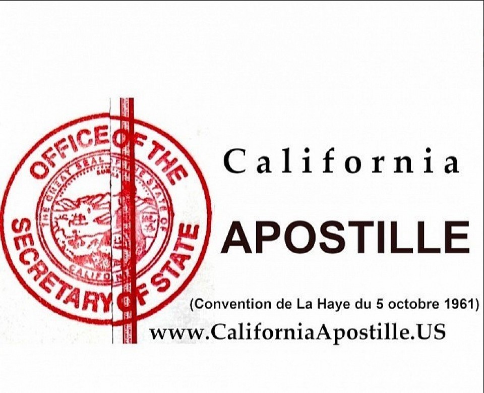 Sample California Apostille seal issued by the California Secretary of State, used to certify U.S. documents for international use under the Hague Convention.
