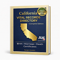 Cover image of the “California Vital Records Directory – Complete Edition (December 2025).”  The design features a navy-blue background with a gold California state silhouette, gold borders,  and the ApostilleHelp logo. The directory covers certified birth, marriage, and death certificates  and is verified for December 2025.
