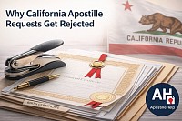 Professional blog header showing a rejected apostille request concept, featuring official document papers with a red “Rejected” stamp, subtle California reference elements, and the ApostilleHelp logo on a navy background. Represents common reasons California apostille requests get denied.